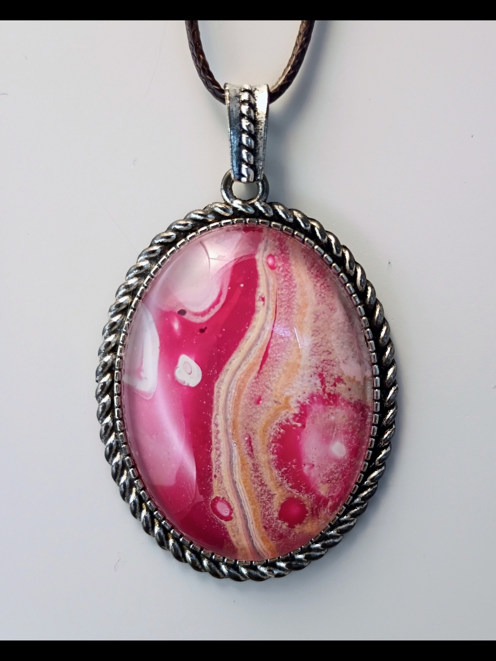 Hand Painted Red, Pink, Gold & White Swirl Pendant Behind Glass with Cord